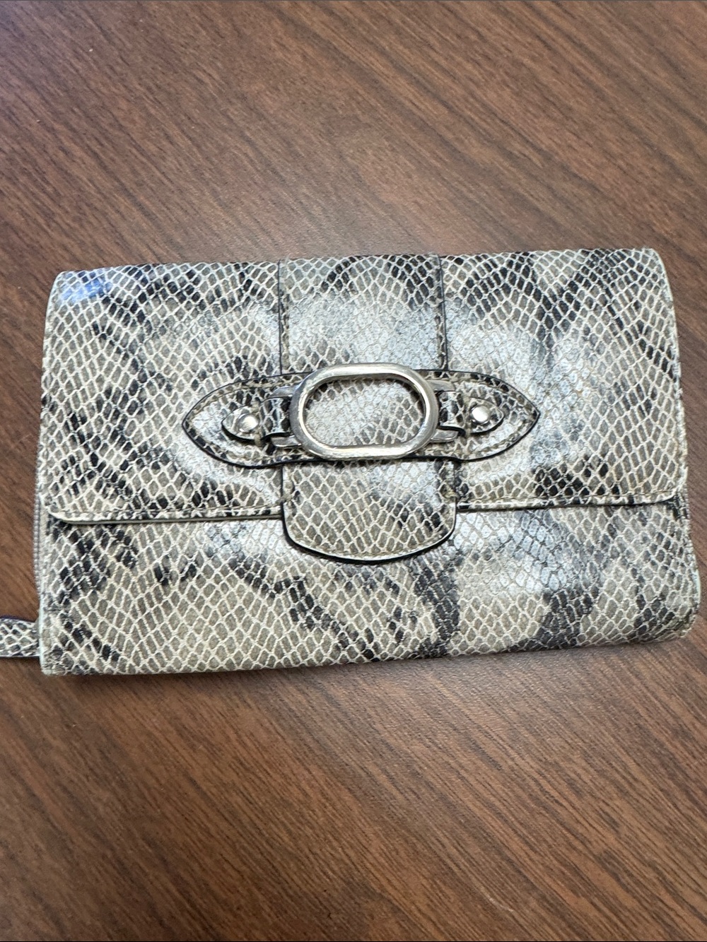 Snake-Print Leather Foldover Wallet - Cream/Black